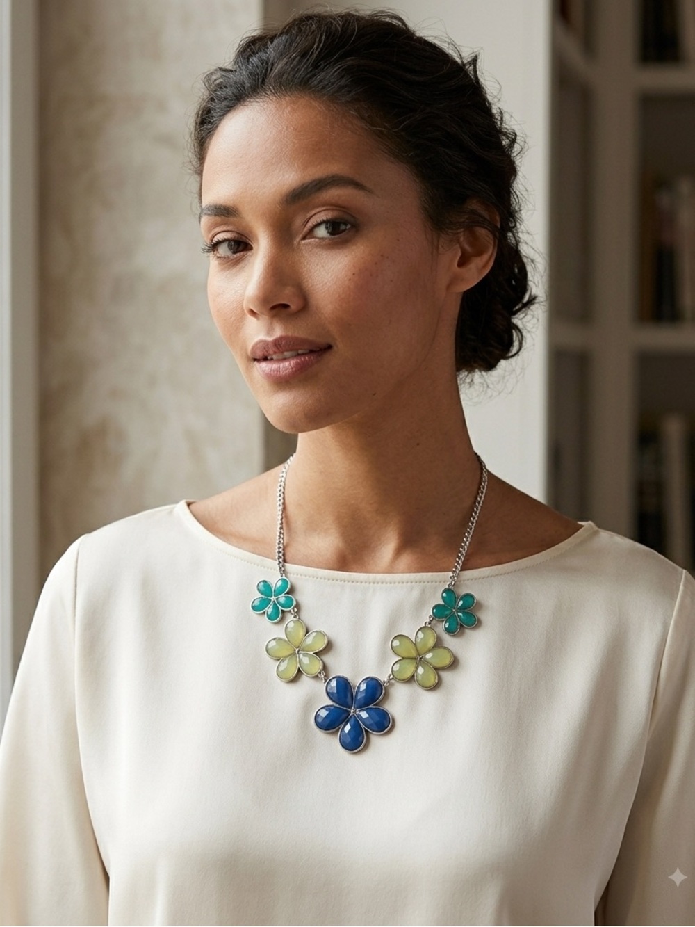 Liz Claiborne Colorful Floral Statement Necklace Blue, Green & Yellow on Silver